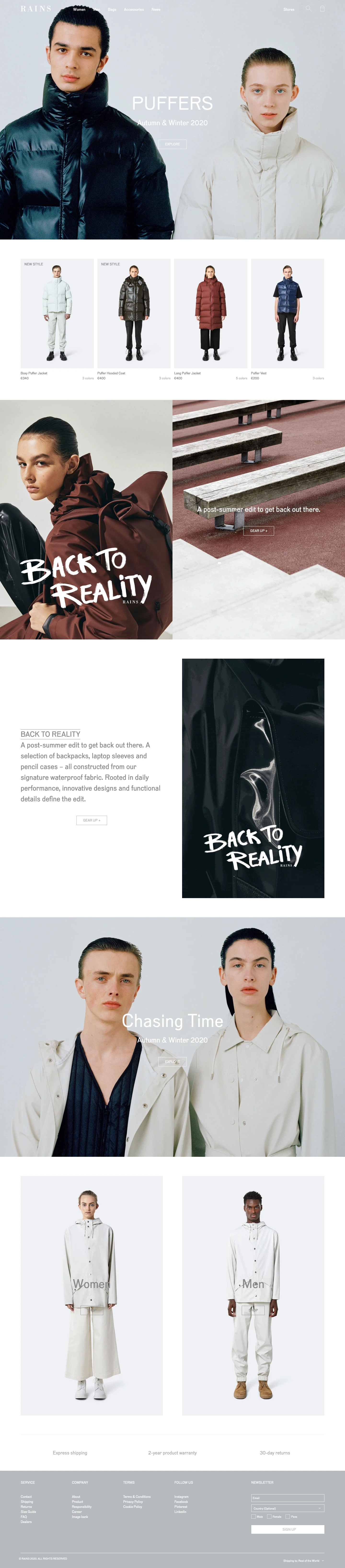Rains Landing Page Example: Danish outerwear & waterproof clothing. Shipped within 24 hours on working days. Fast international delivery