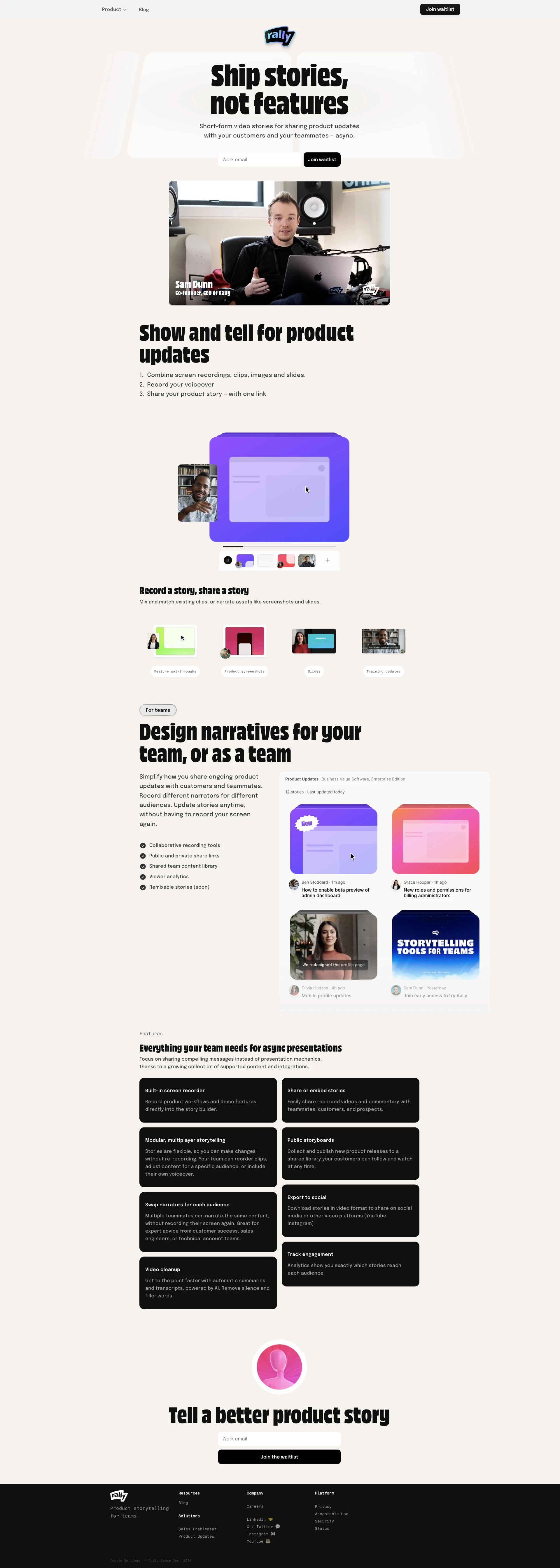 Rally Landing Page Example: Short-form video stories for sharing product updates with your customers and your teammates.