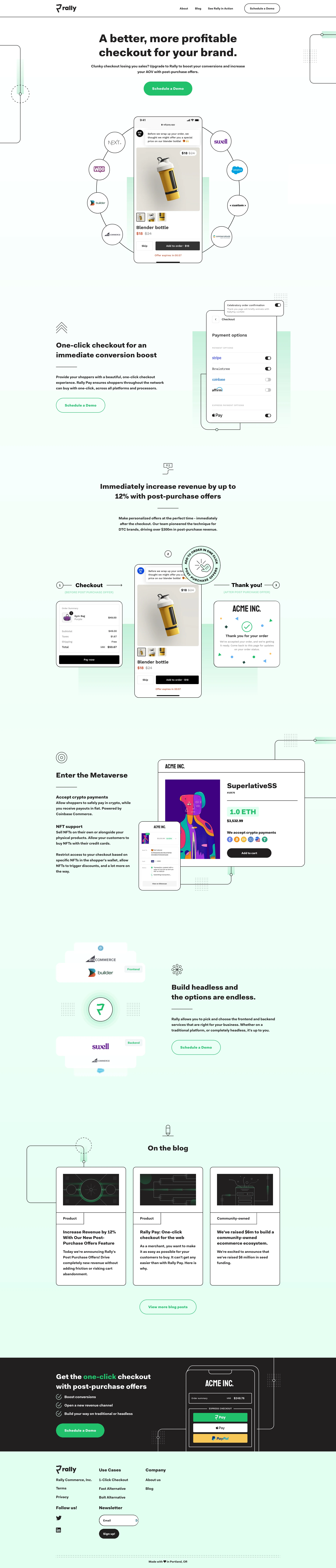 Rally Landing Page Example: A better, more profitable checkout for your brand. Clunky checkout losing you sales? Upgrade to Rally to boost your conversions and increase your AOV with post-purchase offers.