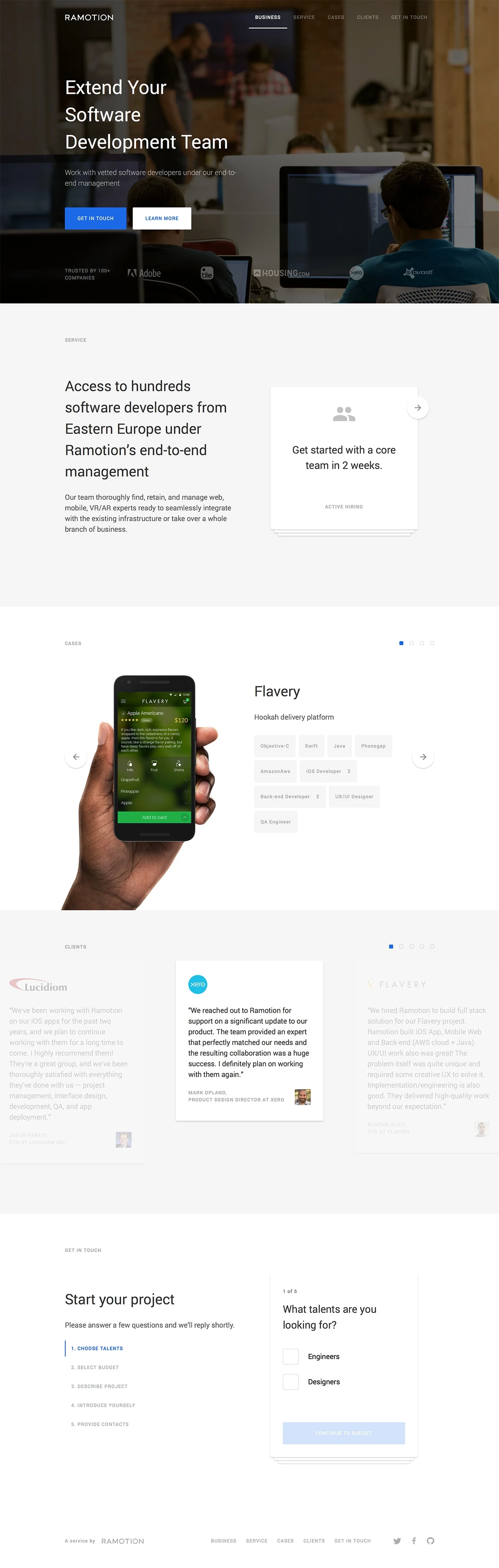 Ramotion Busines Landing Page Example: Ramotion Business provides access to hundreds of vetted software developers from Eastern Europe under our end-to-end management.