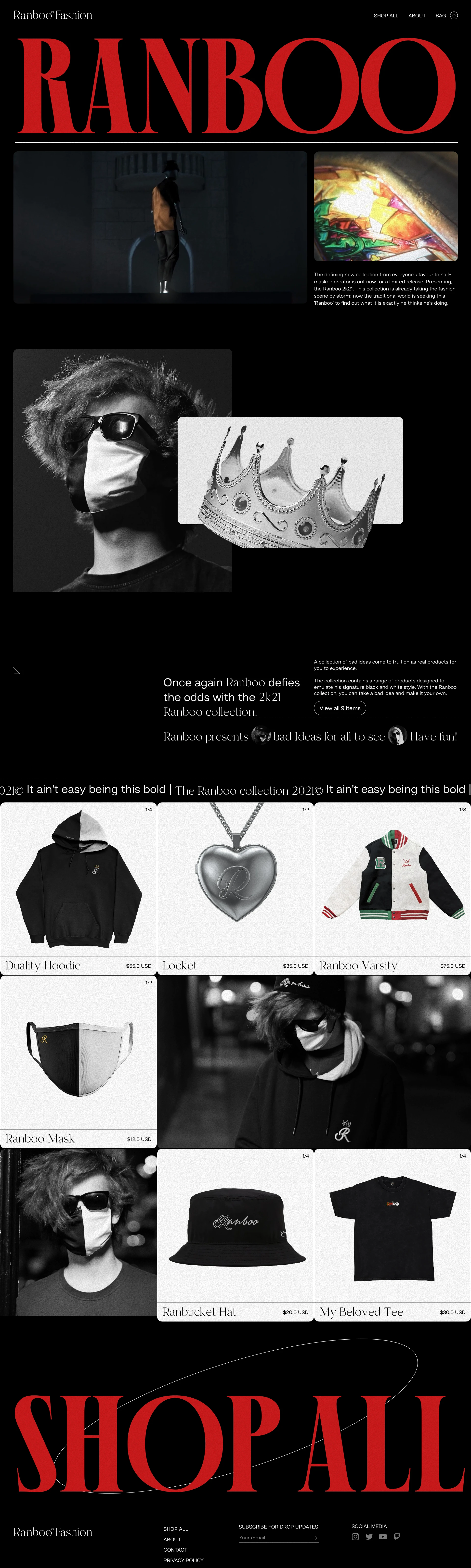 Ranboo Fashion Landing Page Example: Once again Ranboo defies the odds with the 2k21 Ranboo collection. A collection of bad ideas come to fruition as real products for you to experience.