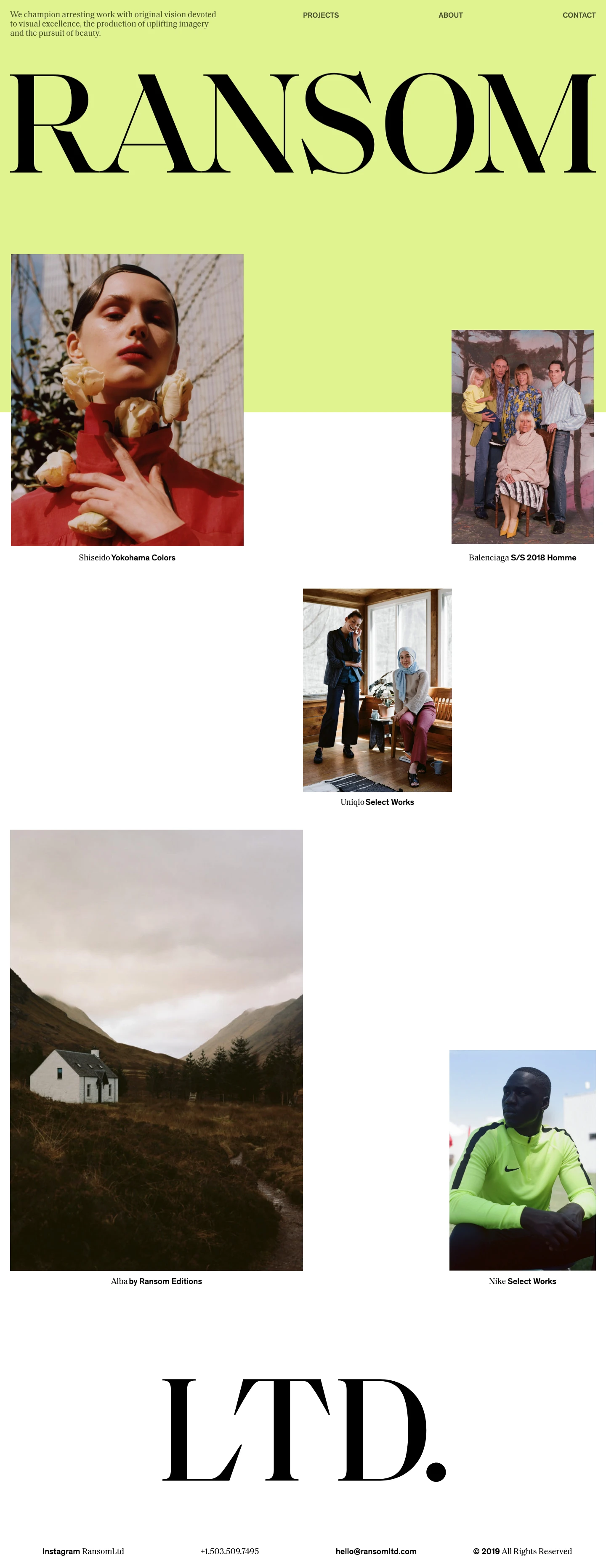 Ransom Ltd Landing Page Example: We champion arresting work with original vision devoted to visual excellence, the production of uplifting imagery and the pursuit of beauty.