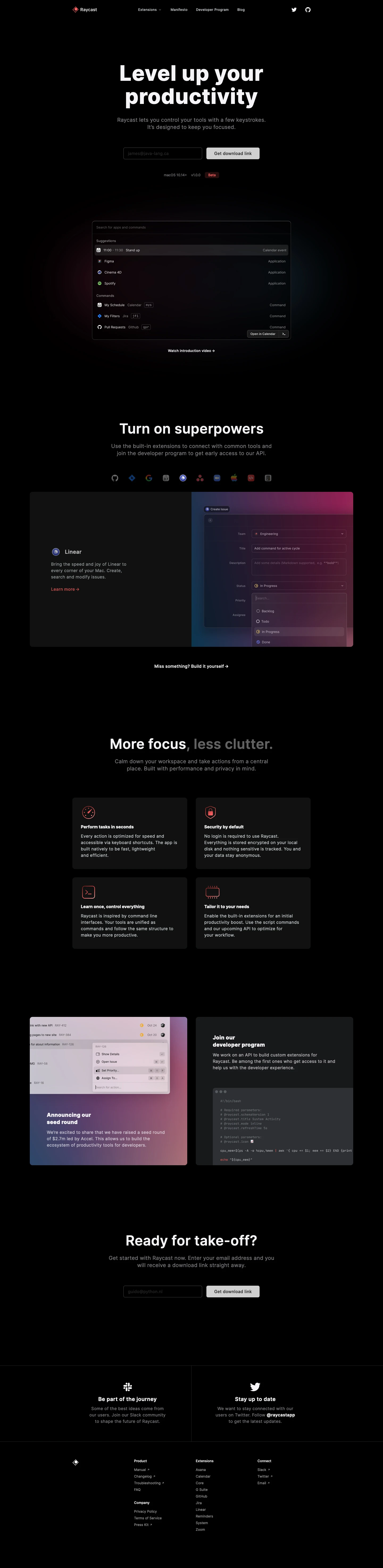 Raycast Landing Page Example: Raycast lets you control your tools with a few keystrokes. It’s designed to keep you focused.