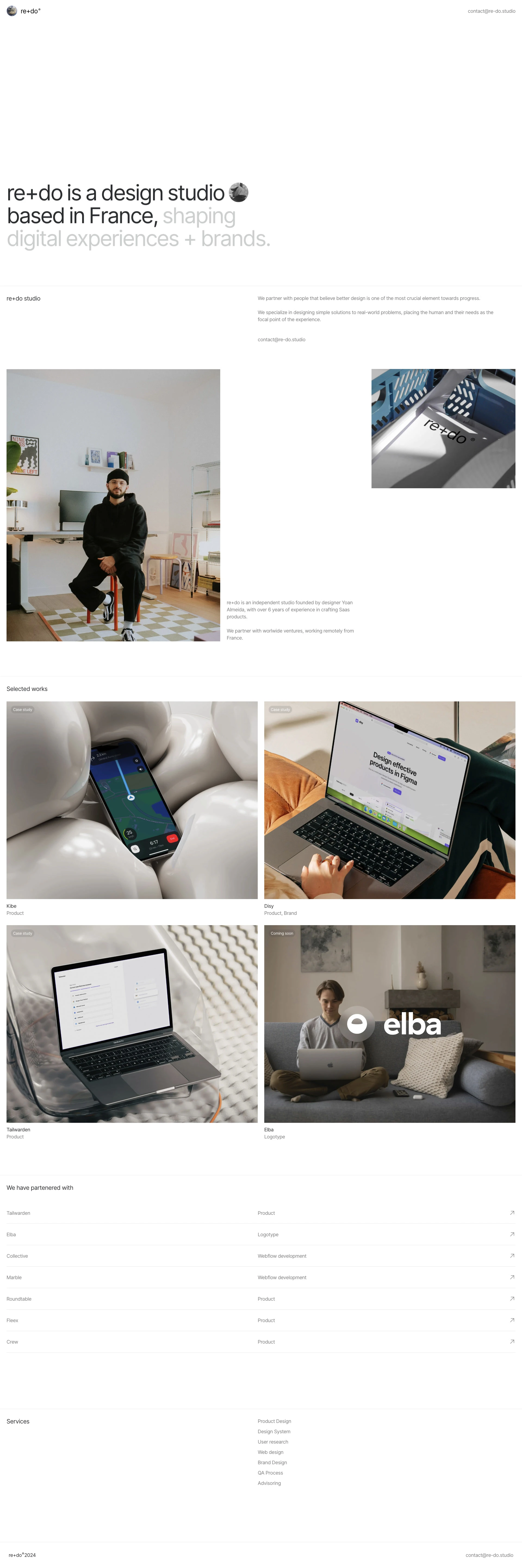 re+do Landing Page Example: re+do is a design studio, founded by Yoan Almeida, based in France, shaping digital experiences + brands. We partner with people that believe better design is one of the most crucial element towards progress. We specialize in designing simple solutions to real-world problems, placing the human and their needs as the focal point of the experience.