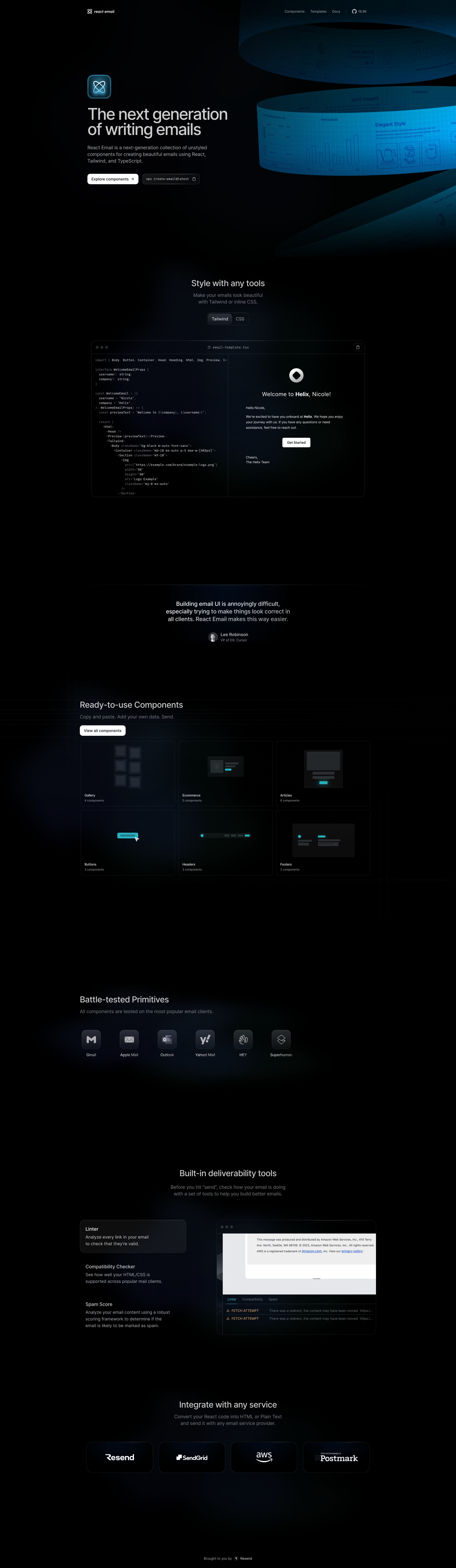 React Email Landing Page Example: A collection of high-quality, unstyled components for creating beautiful emails using React and TypeScript.