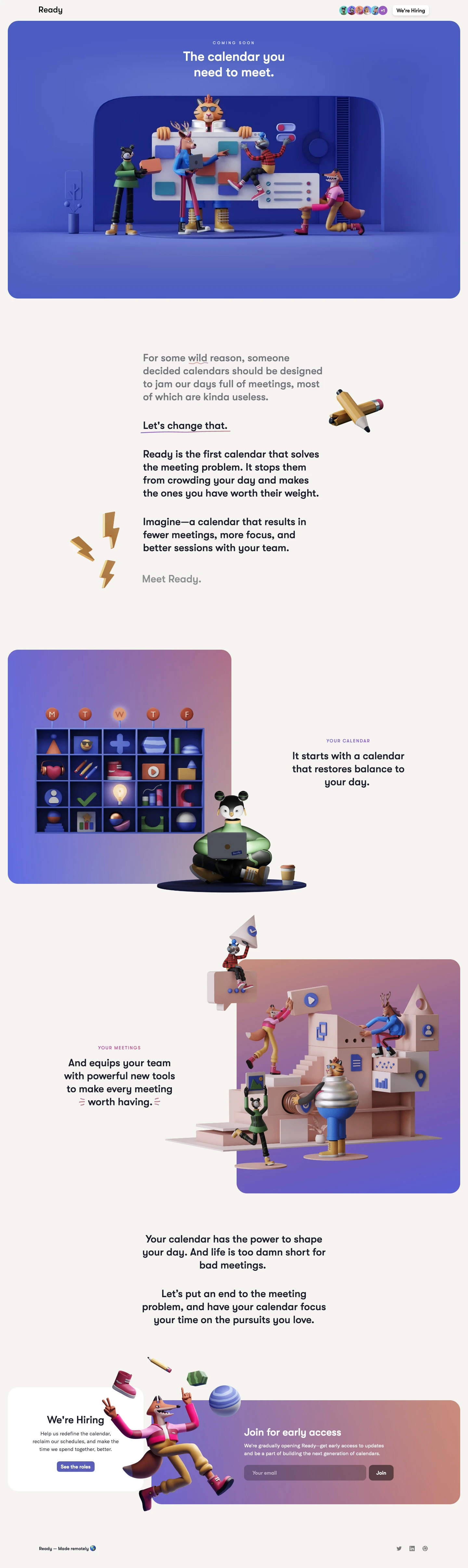 Ready Landing Page Example: Ready is the first calendar that does more than book time—it makes time more valuable. Fewer meetings, more focus, and better time together.