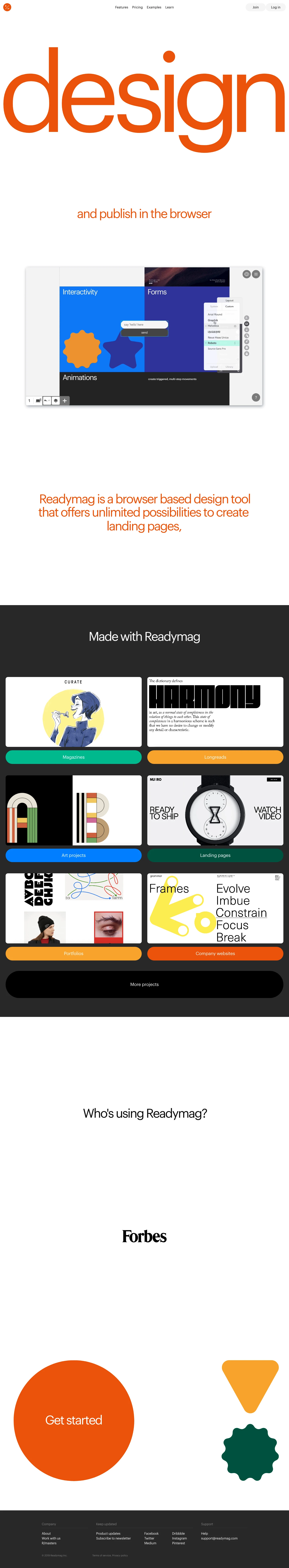Readymag Landing Page Example: Meet the most elegant, simple and powerful web-tool for designing websites, presentations, portfolios and all kinds of digital publications.