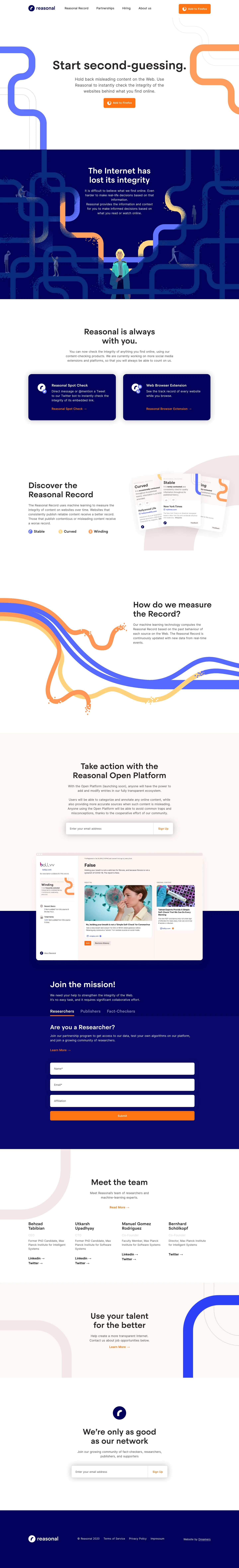 Reasonal Landing Page Example: Start second-guessing. Hold back misleading content on the Web. Use Reasonal to instantly check the integrity of the websites behind what you find online.