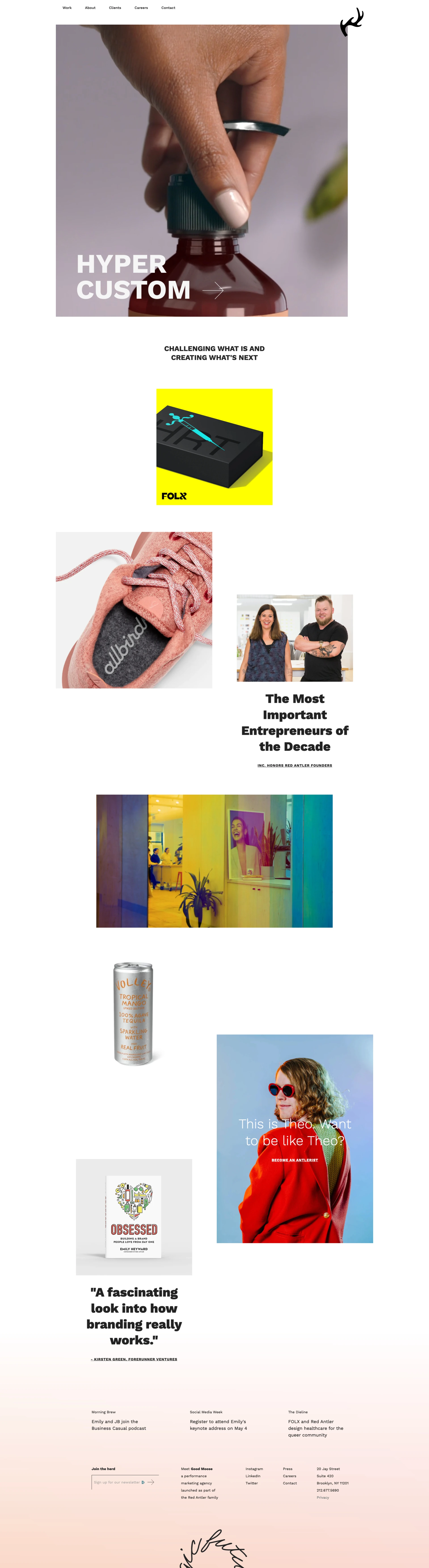 Red Antler Landing Page Example: We build brands for startups. Challenging what is and creating what's next.