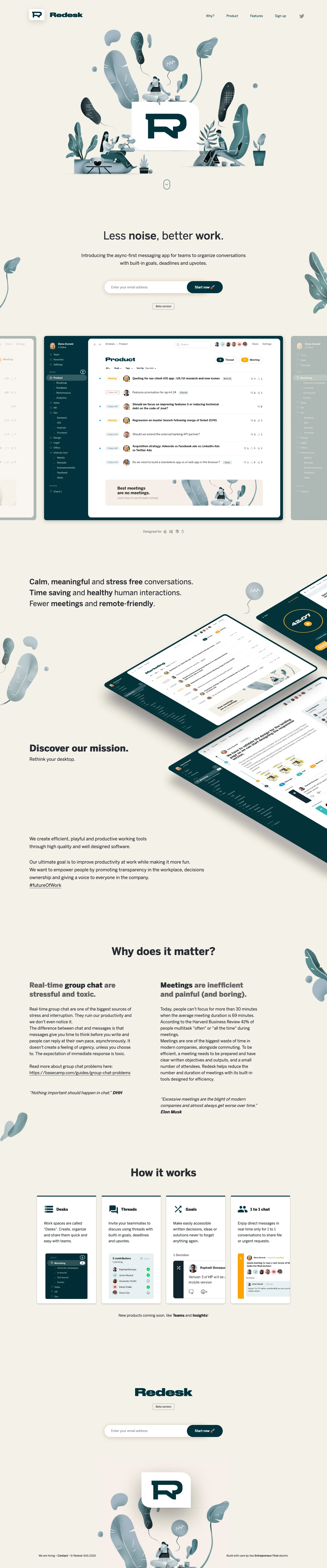 Redesk Landing Page Example: The async-first messaging app to create and organize efficient team conversations, make better decisions and shorten or avoid meetings.