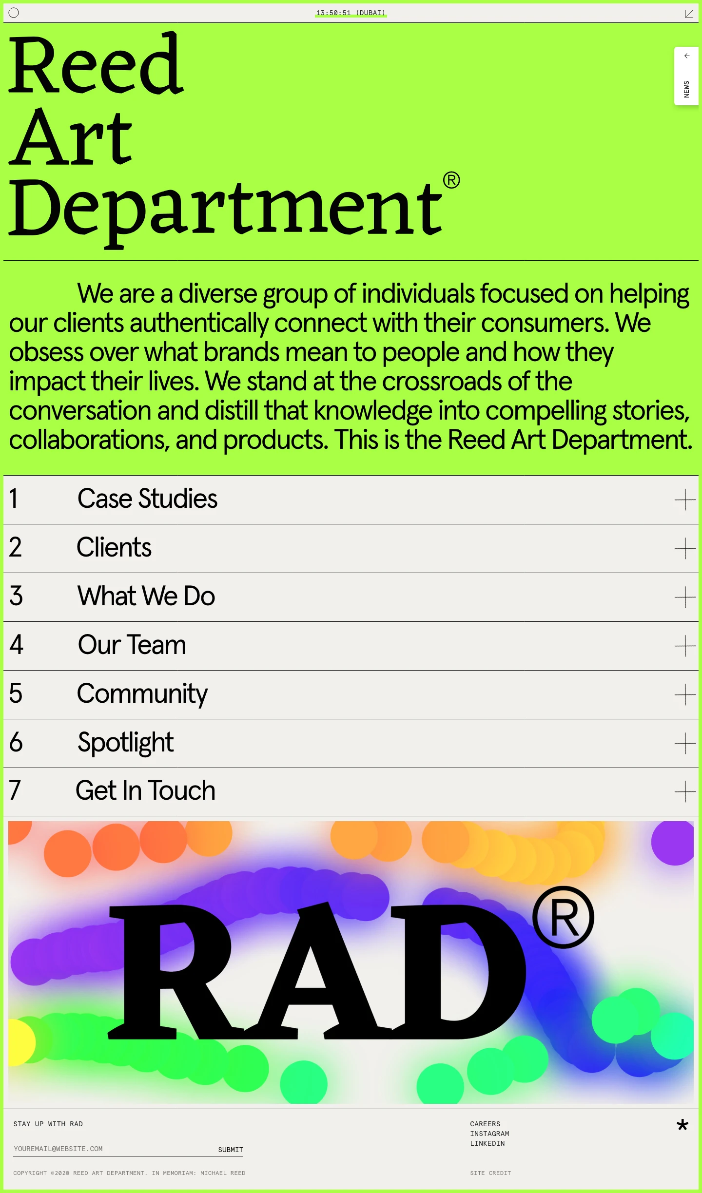 Reed Art Department Landing Page Example: We are a diverse group of individuals focused on helping our clients authentically connect with their consumers. We obsess over what brands mean to people and how they impact their lives. We stand at the crossroads of the conversation and distill that knowledge into compelling stories, collaborations, and products. This is the Reed Art Department.