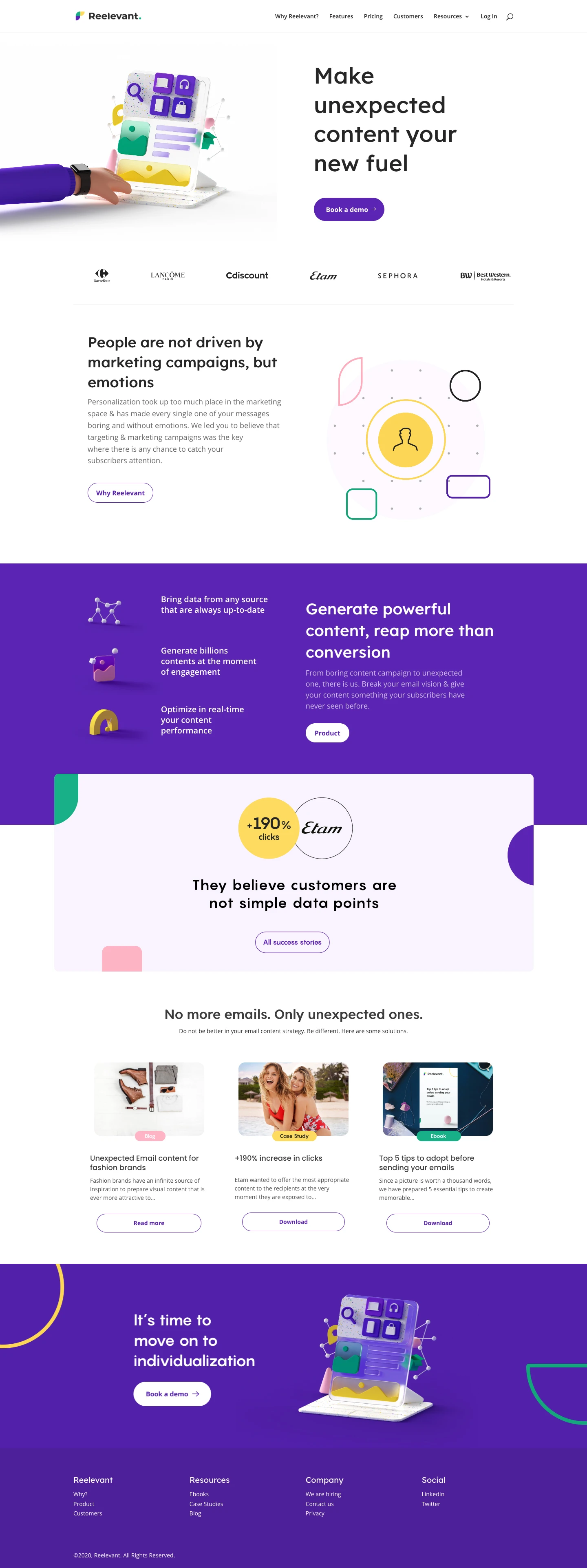 Reelevant Landing Page Example: People are not driven by marketing campaigns, but emotions. Personalization took up too much place in the marketing space & has made every single one of your messages boring and without emotions. We led you to believe that targeting & marketing campaigns was the key where there is any chance to catch your subscribers attention.
