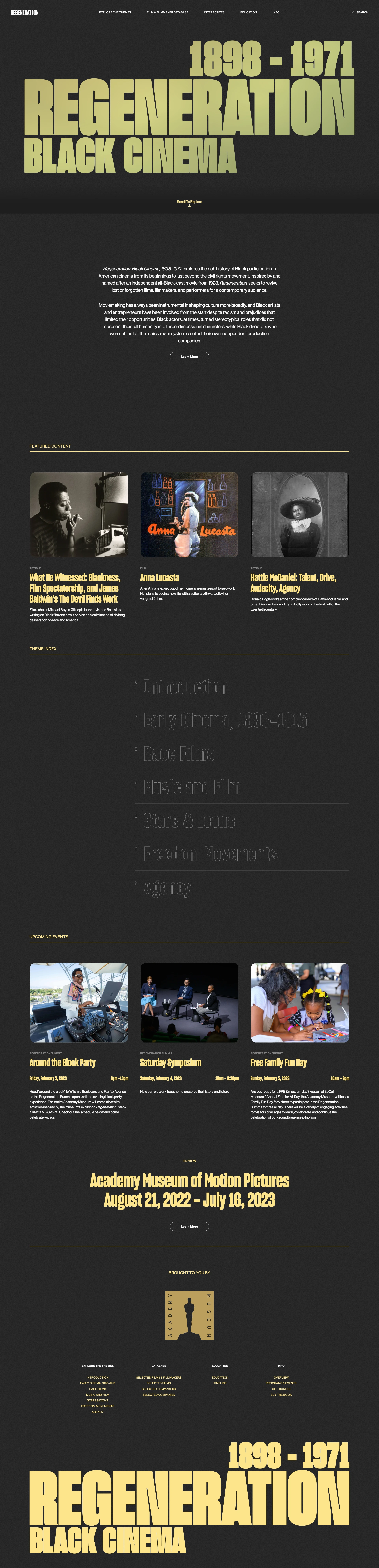 Regeneration Landing Page Example: Regeneration: Black Cinema, 1898–1971 explores the rich history of Black participation in American cinema from its beginnings to just beyond the civil rights movement.
