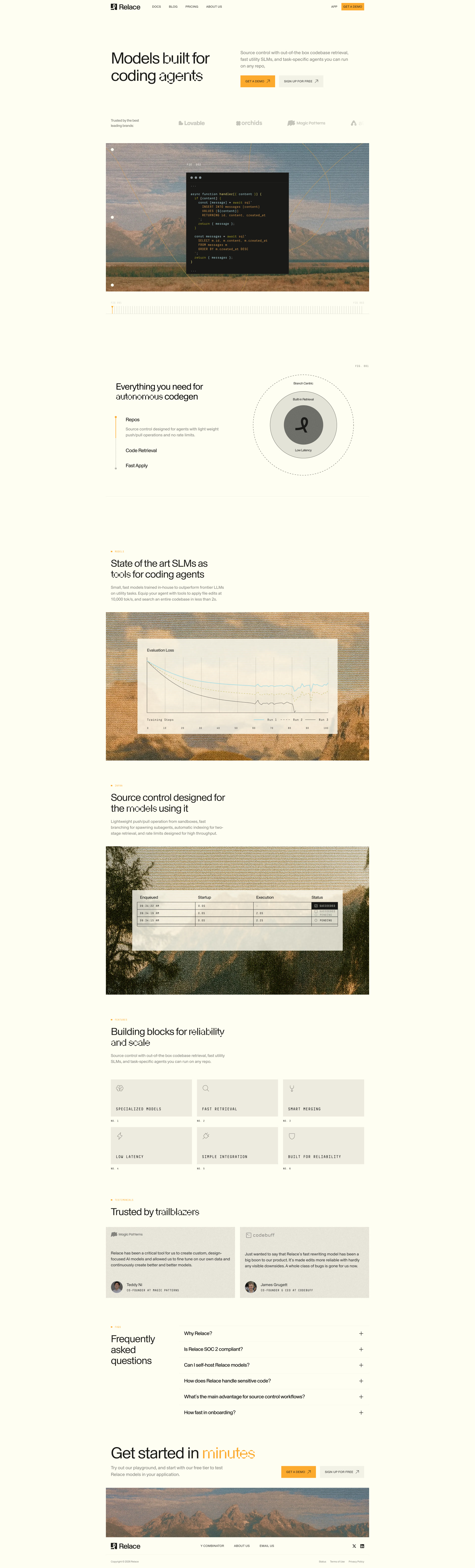 Relace Landing Page Example: Relace delivers purpose-built AI models and scalable infrastructure for coding agents, offering ultra-fast code retrieval, merging, and autonomous workflows. Cut down errors and accelerate development with Relace.