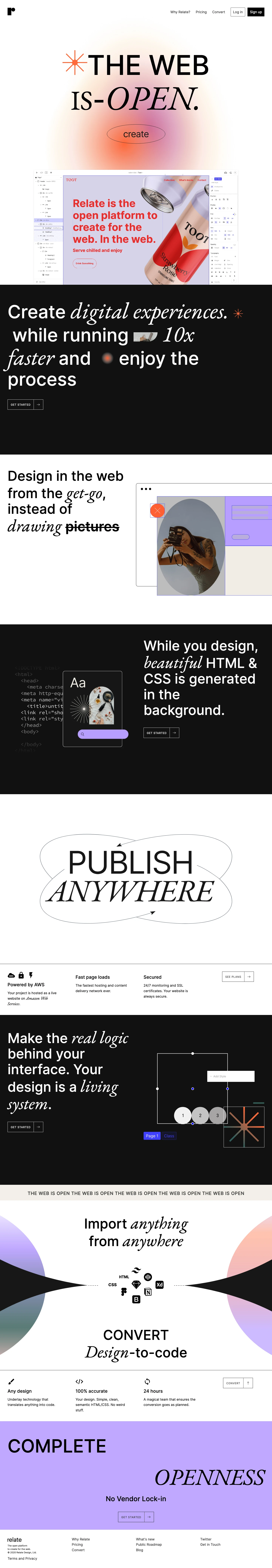 Relate Landing Page Example: The next generation of design tools is coming, and we've imagined a future where creators work harmoniously to create beautiful, functional digital products. Together, the actual medium.