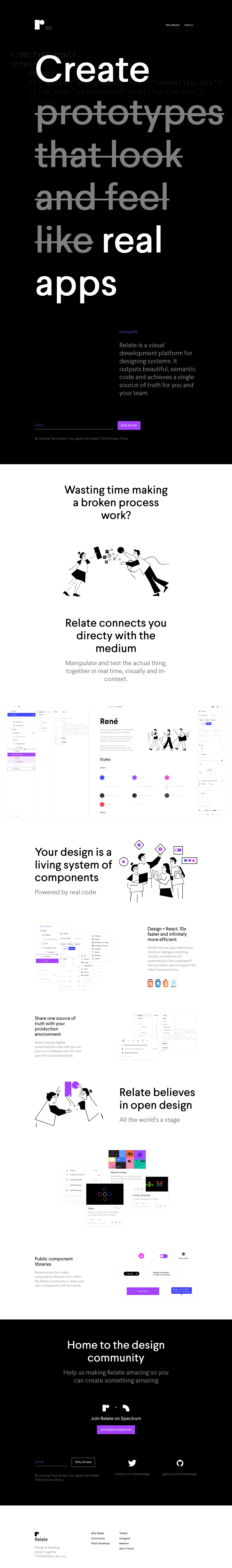 Relate Landing Page Example: Relate is a visual development platform for designing systems. It outputs beautiful, semantic code and achieves a single source of truth for you and your team.