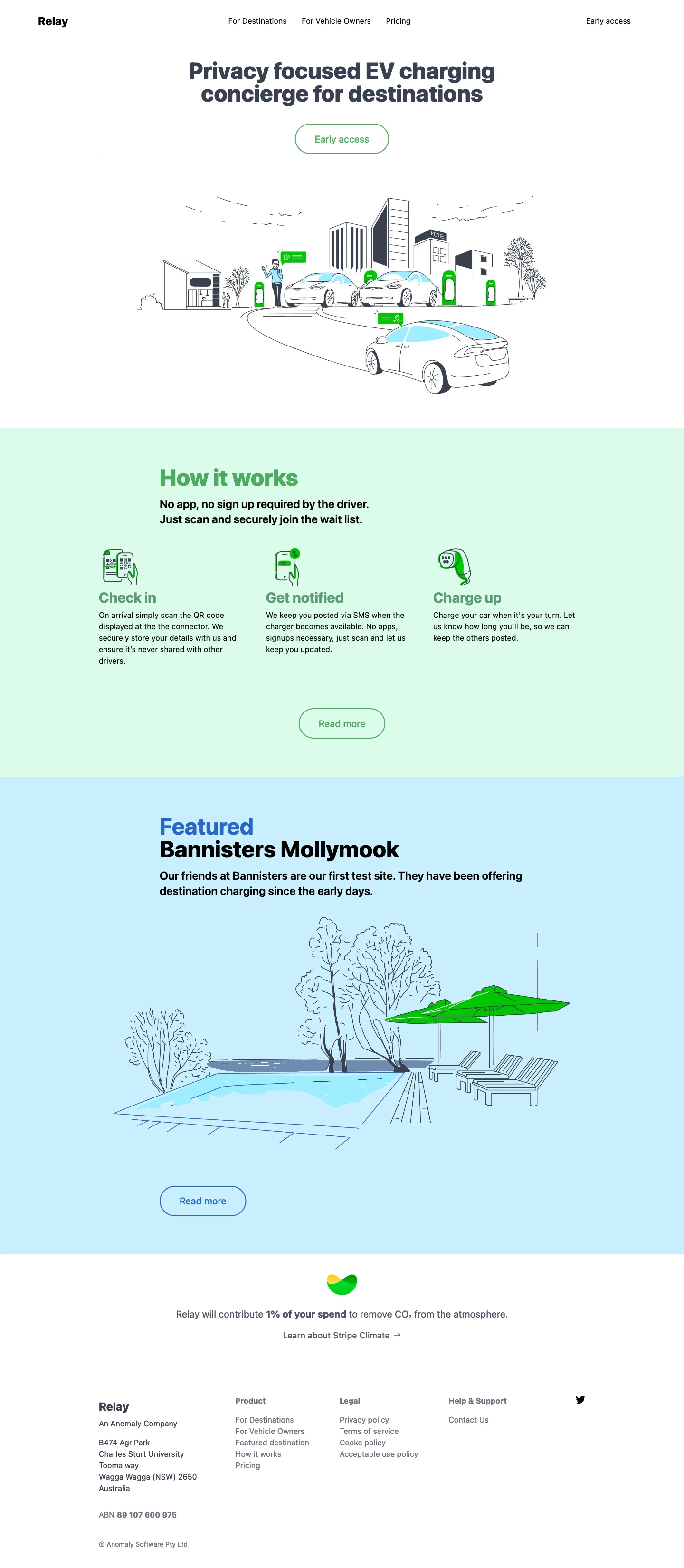 Relay Landing Page Example: Privacy focused EV charging concierge for destinations.