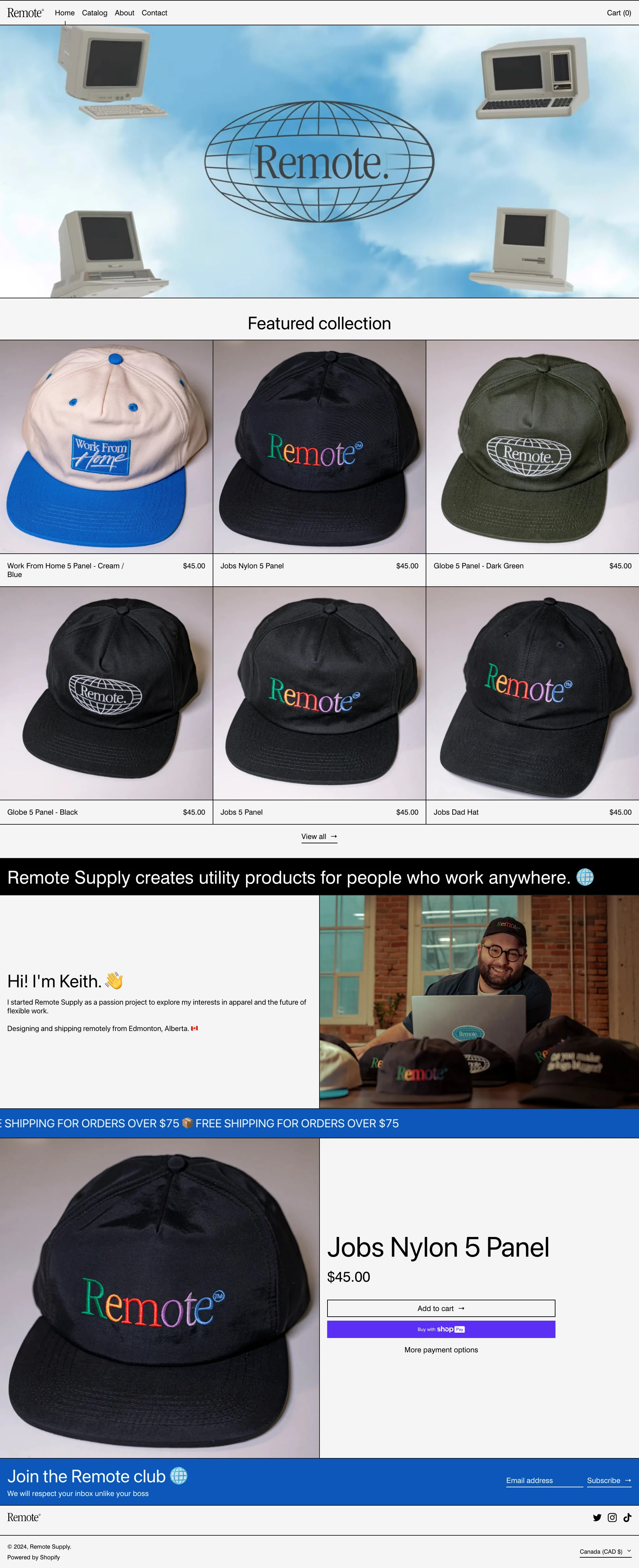 Remote Supply Landing Page Example: Hi! I'm Keith. 👋 I started Remote Supply as a passion project to explore my interests in apparel and the future of flexible work. Designing and shipping remotely from Edmonton, Alberta. 🇨🇦. Utility products for people who work anywhere.