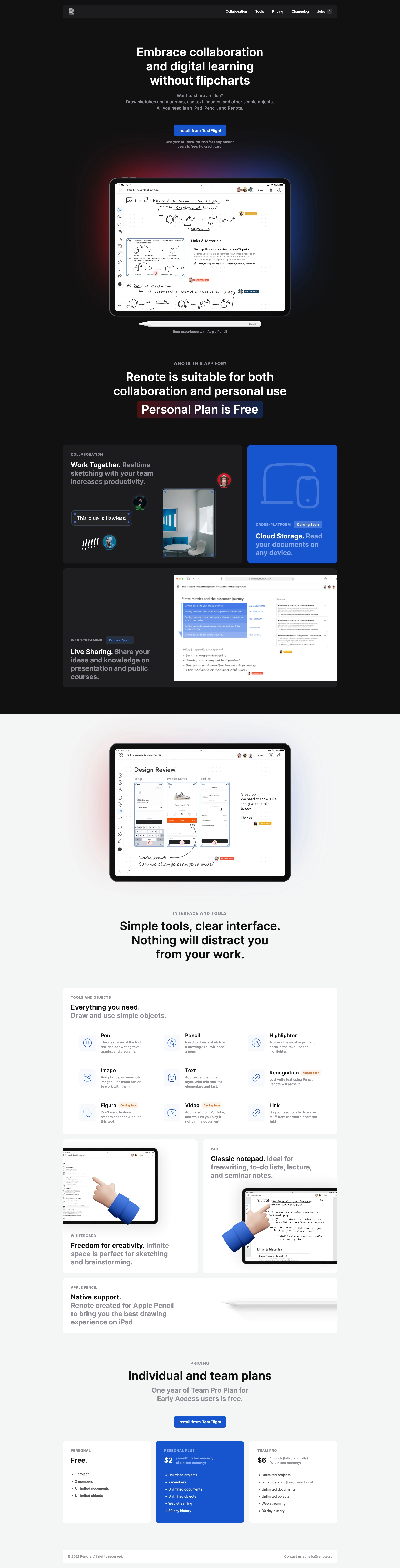 Renote Landing Page Example: Draw sketches and diagrams, use text, images, and other simple objects. All you need is an iPad, Pencil, and Renote.