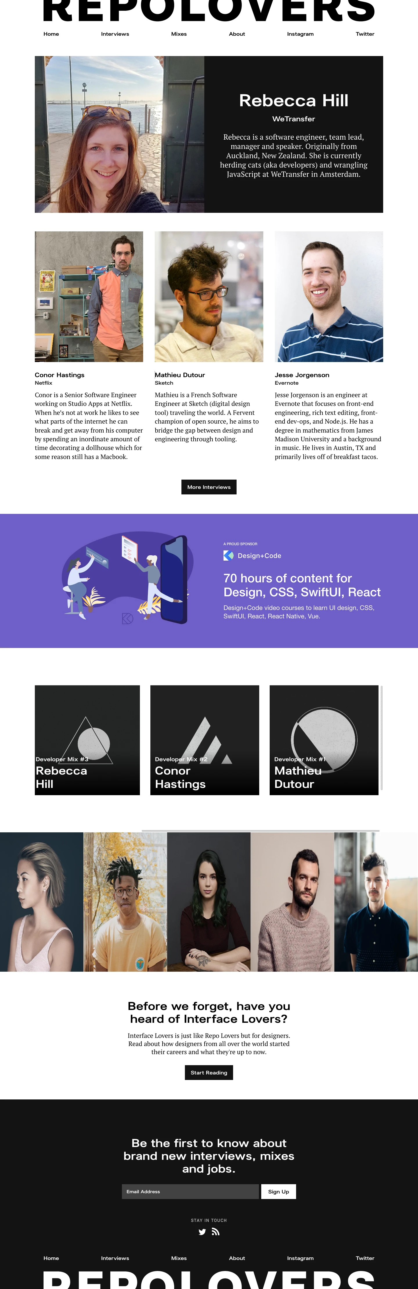 Repo Lovers Landing Page Example: Repo Lovers is an online magazine that interviews developers who have made a significant contribution to technology. Get a glimpse into their life and learn what makes them tick.