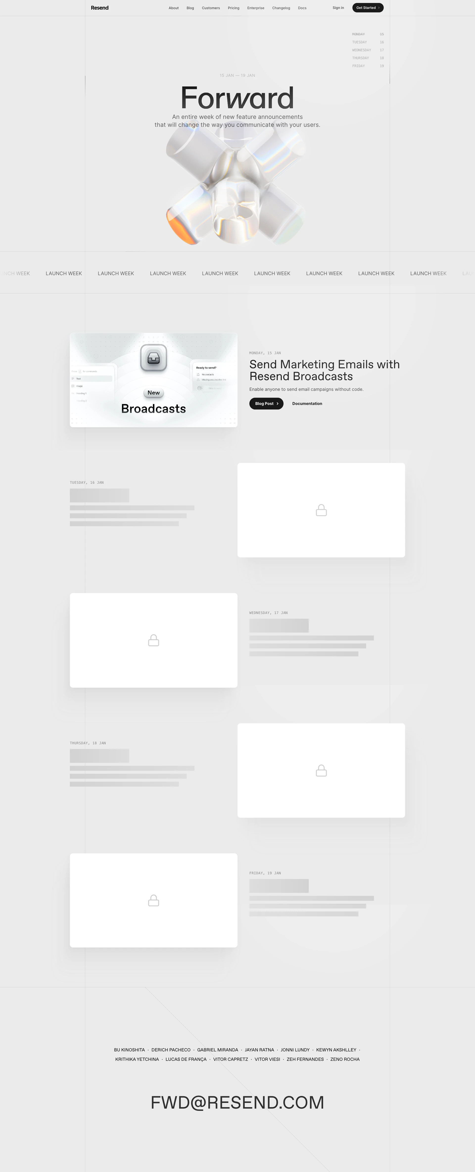 Resend Forward Landing Page Example: An entire week of new feature announcements that will change the way you communicate with your users.