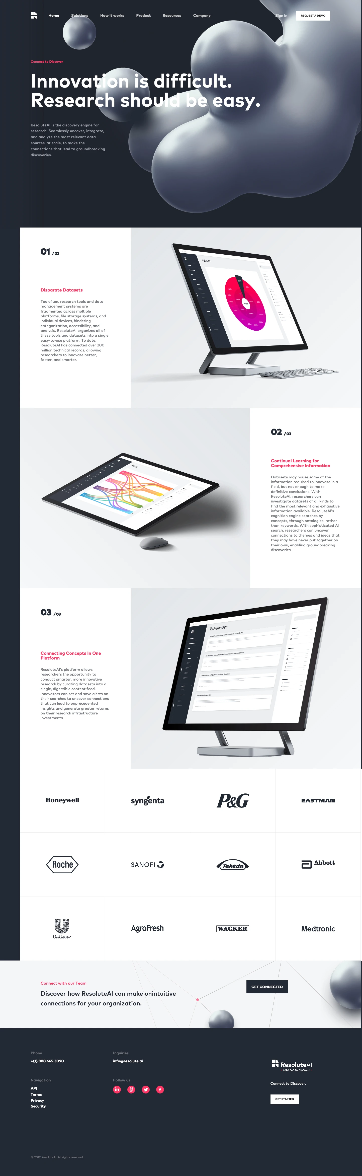 ResoluteAI Landing Page Example: ResoluteAI is the discovery engine for research. Seamlessly uncover, integrate, and analyze the most relevant data sources, at scale, to make the connections that lead to groundbreaking discoveries.
