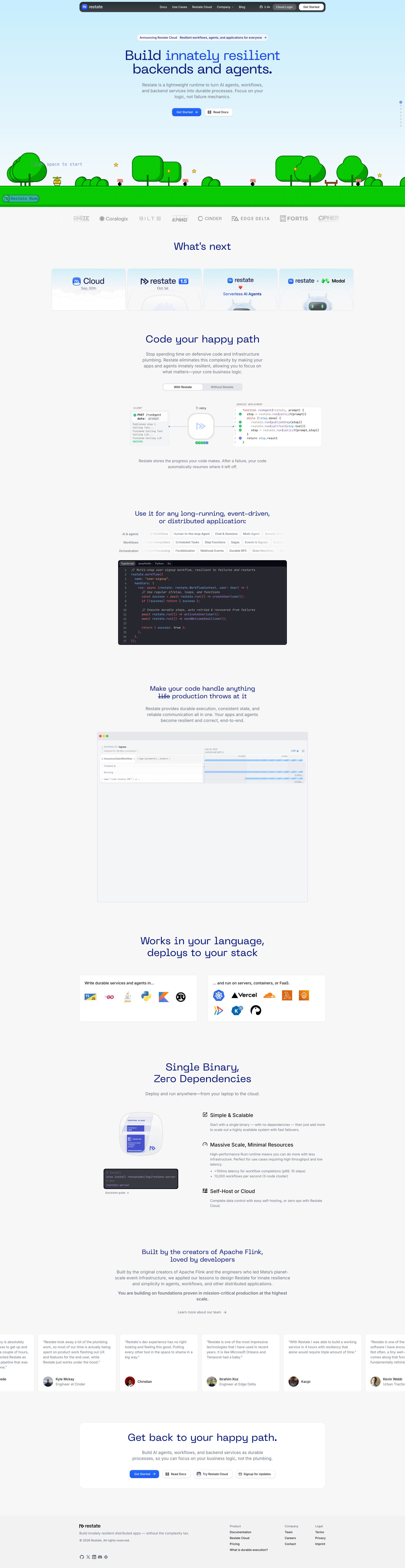 Restate Landing Page Example: Restate is a lightweight runtime that lets developers build innately resilient distributed apps without the complexity tax.