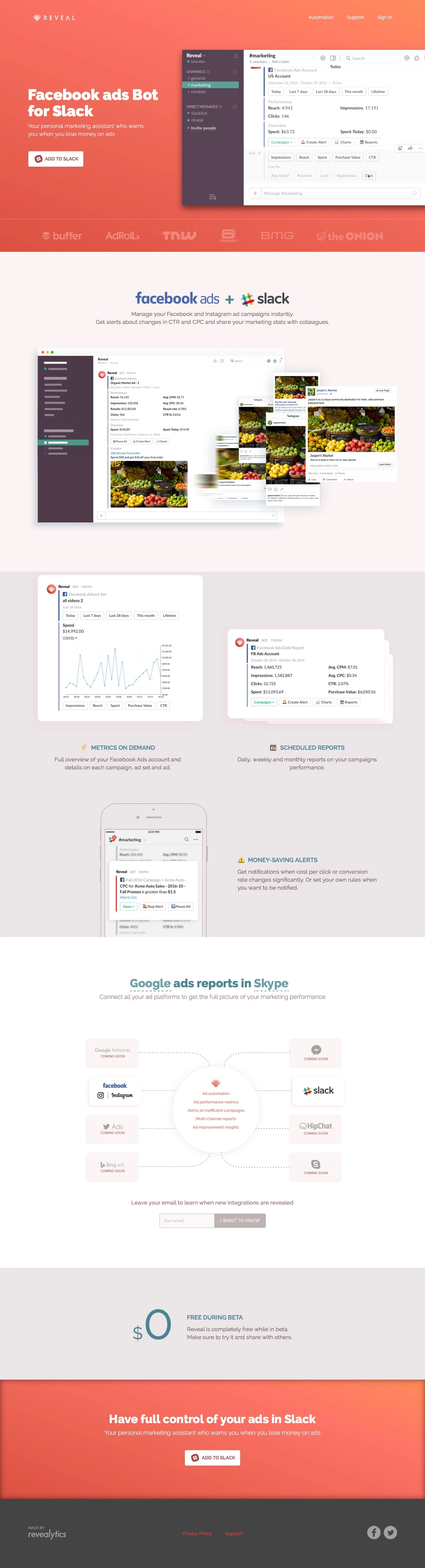 Reveal Bot Landing Page Example: Your personal marketing assistant who warns you when you lose money on ads