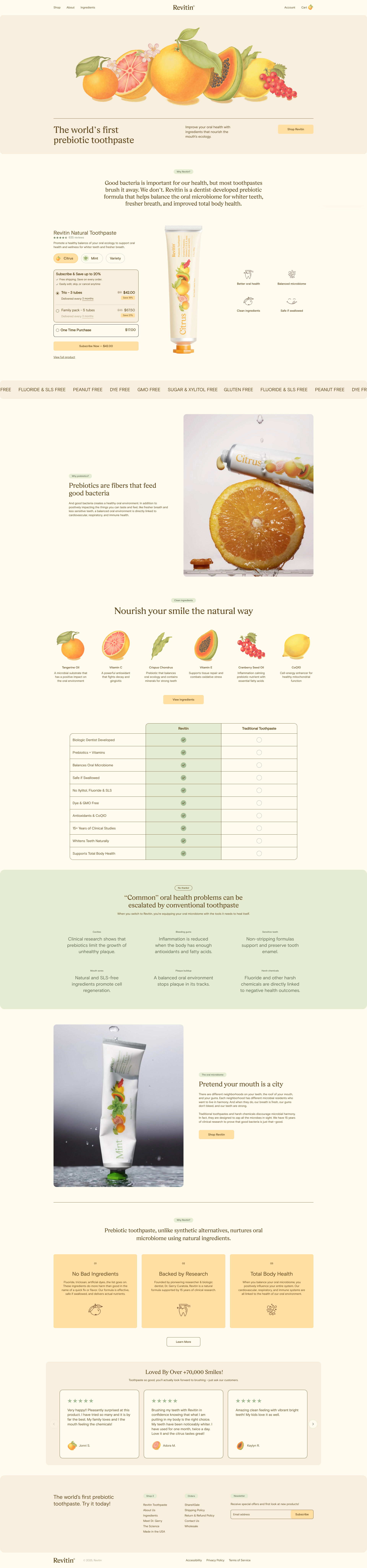 Revitin Landing Page Example: Revitin is the best prebiotic toothpaste that's fluoride-free and SLS-free. It's even safe enough to eat, providing whiter teeth, stronger enamel, and lasting fresh breath