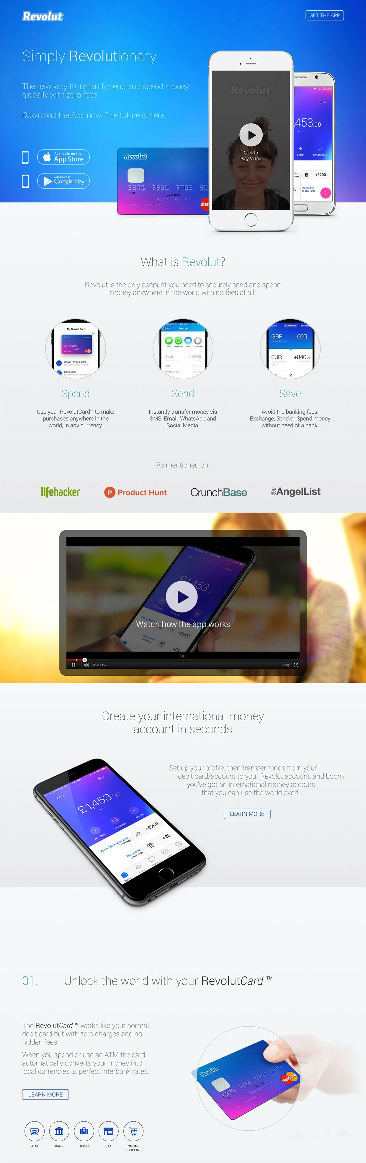 Revolut Landing Page Example: The new way to instantly send and spend money globally with zero fees.