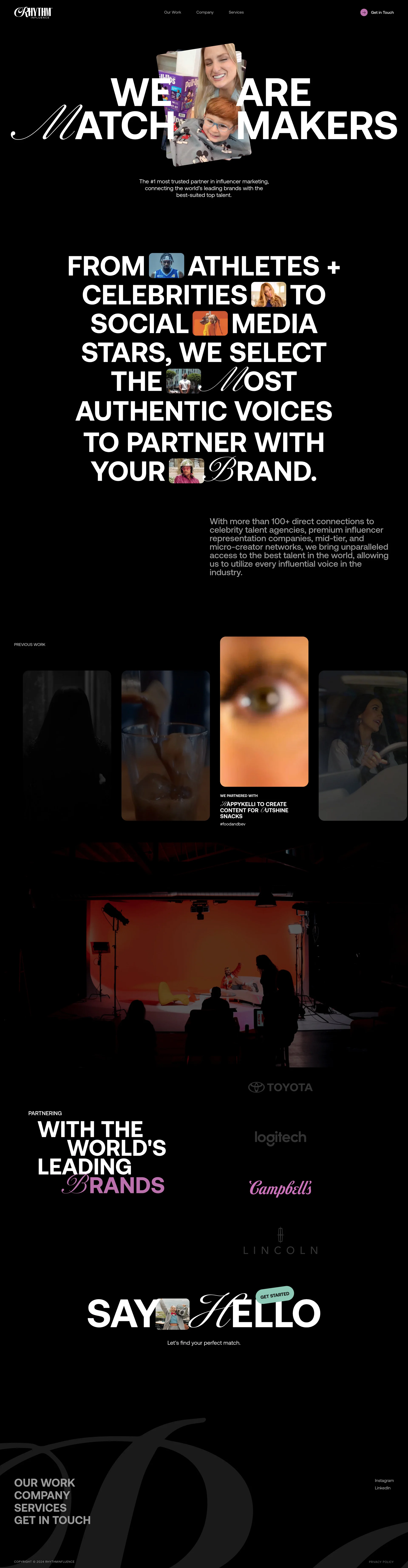 Rhythm Influence Landing Page Example: A talent first full-service influencer marketing studio with unparalleled access to the best talent in the world, empowering the voices that define modern culture.