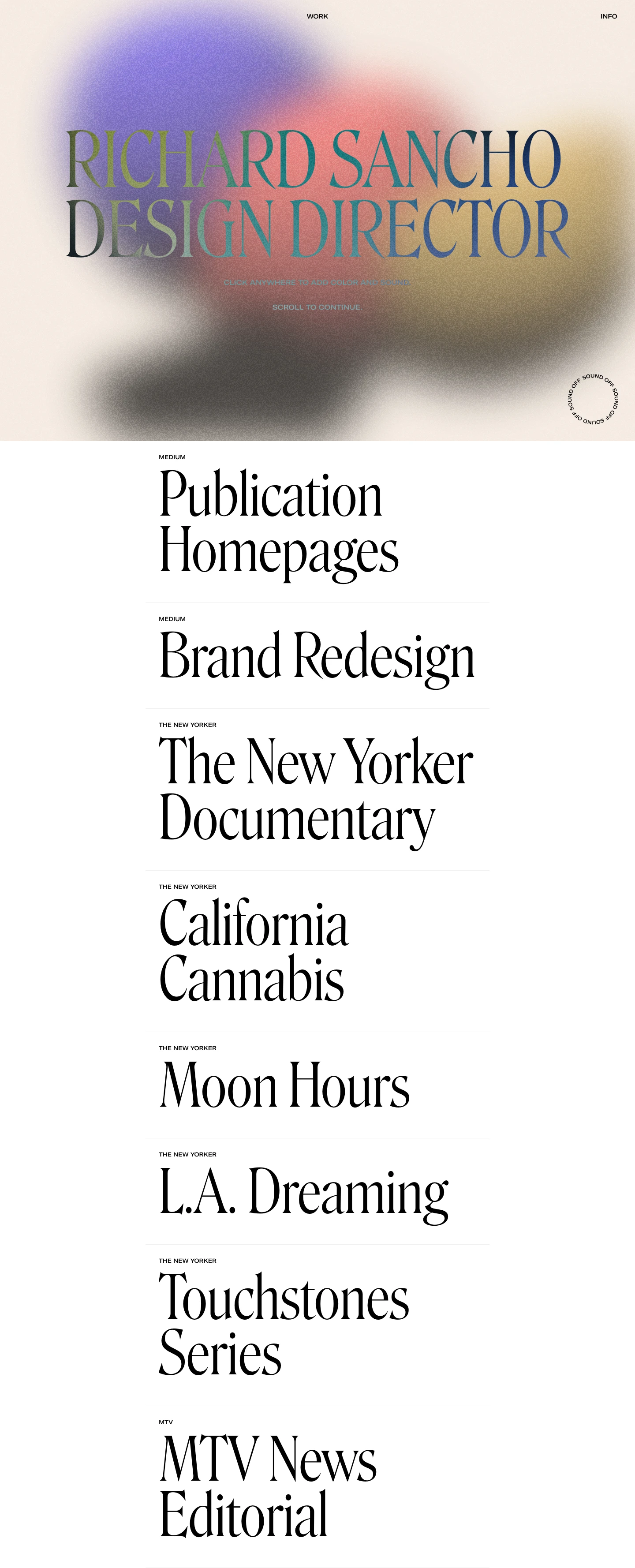 Richard Sancho Landing Page Example: Richard Sancho is a Design Director who previously worked at Medium, The New Yorker and MTV News in New York. With over 16 years of experience creating award-winning digital products, his work is a blend of several disciplines—Product Design, Editorial Design, UX Design and Creative Coding.