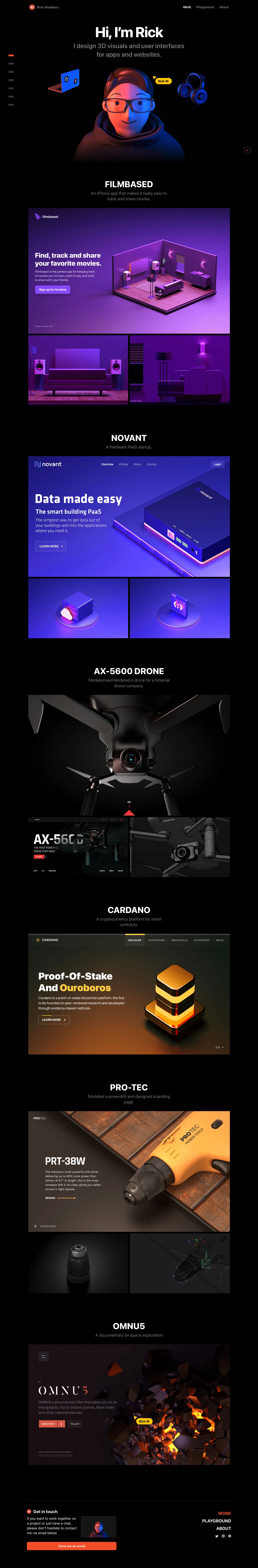 Rick Waalders Landing Page Example: I design 3D visuals and user interfaces for apps and websites.