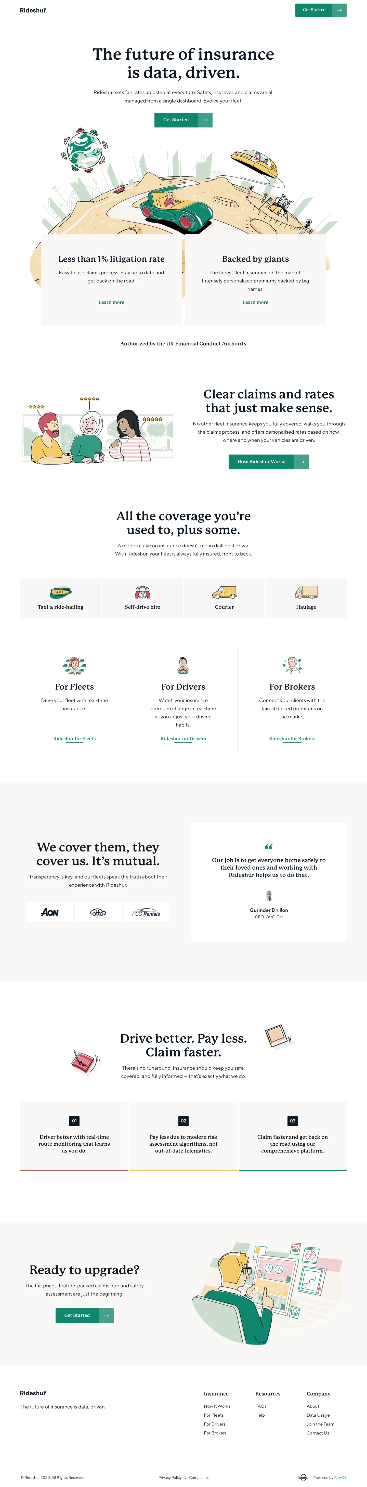 Rideshur Landing Page Example: Welcome to Rideshur, the future of fleet insurance. Monitor driving safety and pay less on premiums by lowering your risk. Process claims automatically in-app.