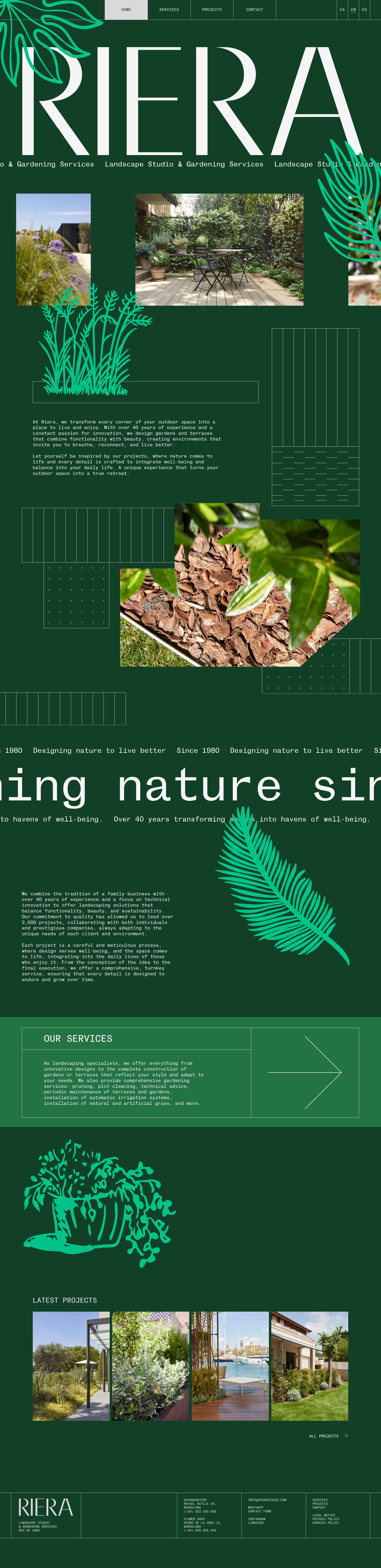 RIERA Landing Page Example: At Riera, we transform every corner of your outdoor space into a place to live and enjoy. With over 40 years of experience and a constant passion for innovation, we design gardens and terraces that combine functionality with beauty, creating environments that invite you to breathe, reconnect, and live better.