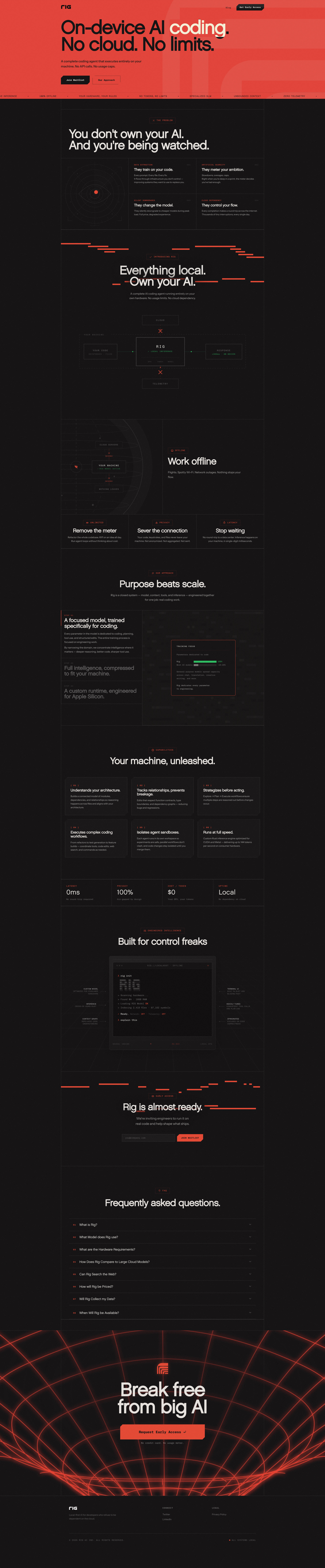 Rig Landing Page Example: A complete AI coding agent that executes entirely on your machine. No API calls. No usage caps. No cloud dependency.