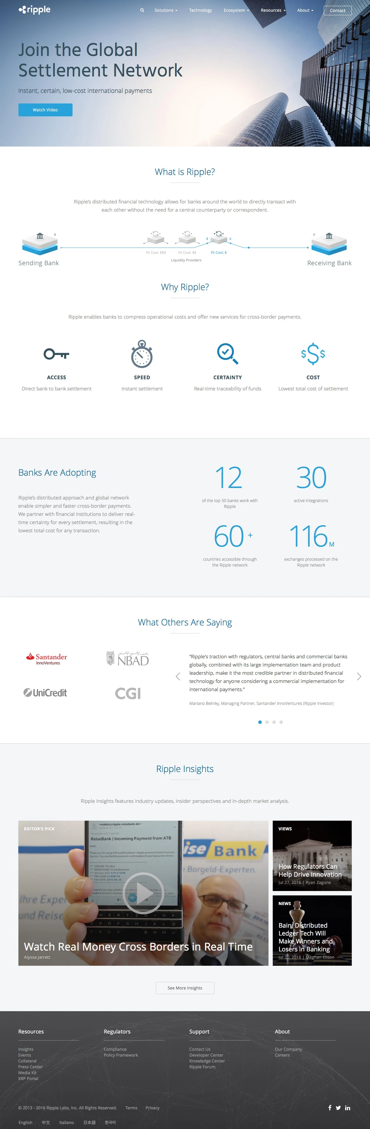 Ripple Landing Page Example: Ripple’s distributed financial technology allows for banks around the world to directly transact with each other without the need for a central counterparty or correspondent.