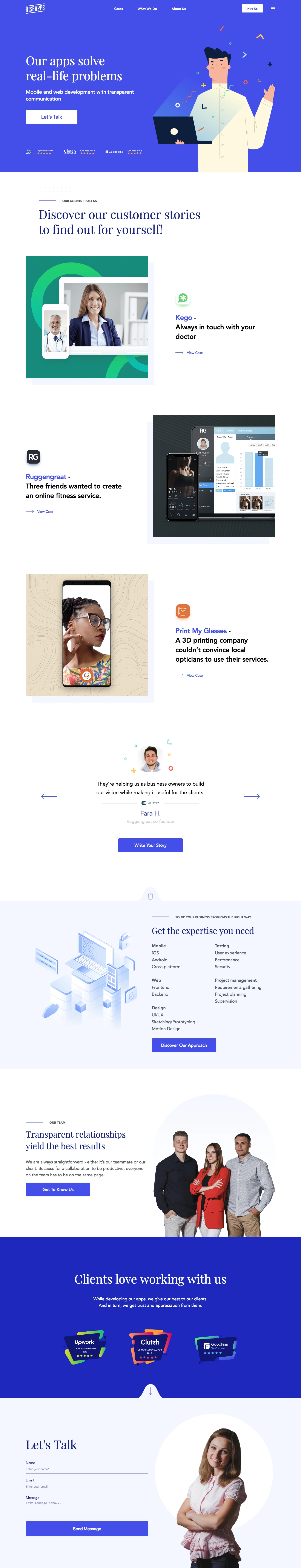 Riseapps Landing Page Example: Remote development you can trust. Mobile and Web applications built by real in-house teams.