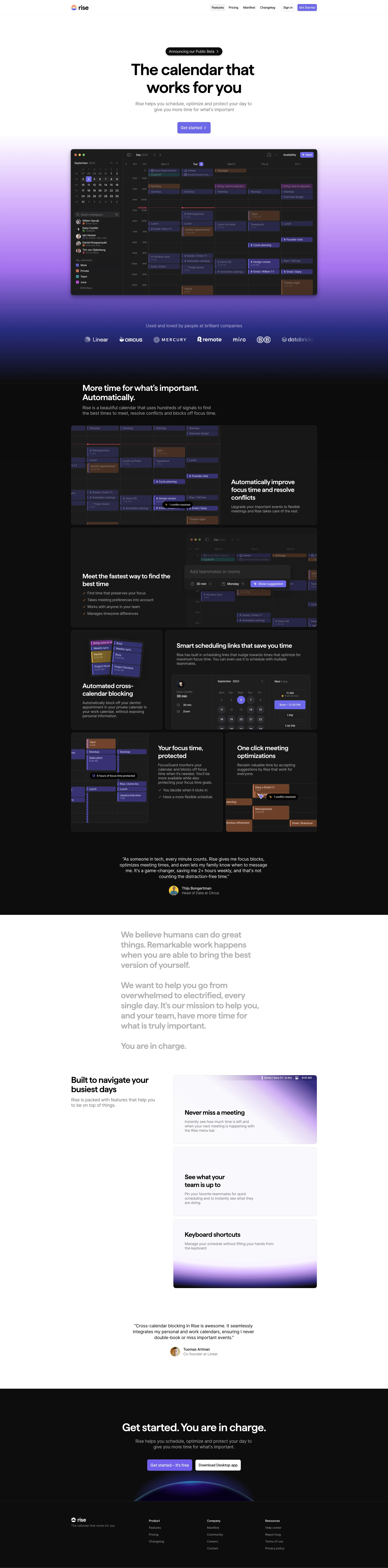 Rise Landing Page Example: The calendar that works for you. Rise helps you schedule, optimize and protect your day to give you more time for what's important.