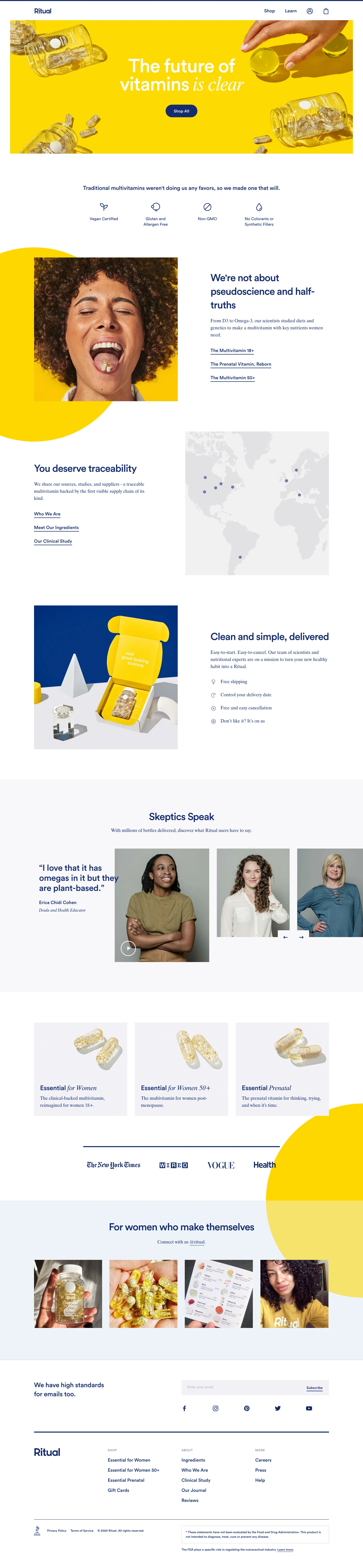 Ritual Landing Page Example: Committed to creating the purest, most effective vitamin formulations, and sharing every ingredient, source & scientist that made our vitamin a reality.