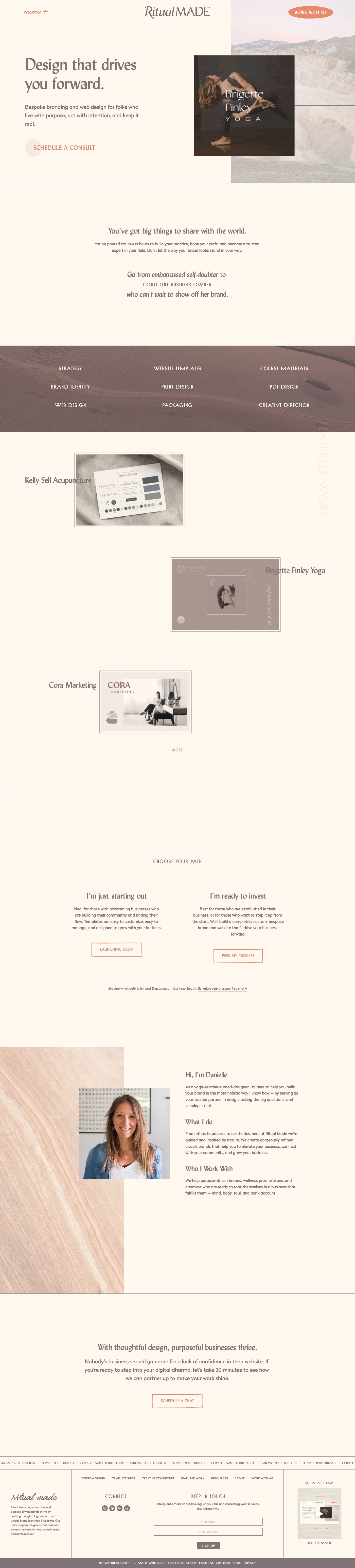Ritual Made Landing Page Example: Ritual Made helps creatives and purpose-driven brands thrive by crafting thoughtful, grounded, and unique brand identities & websites. Our holistic approach gives small business owners the tools to nurture body, mind, and bank account.