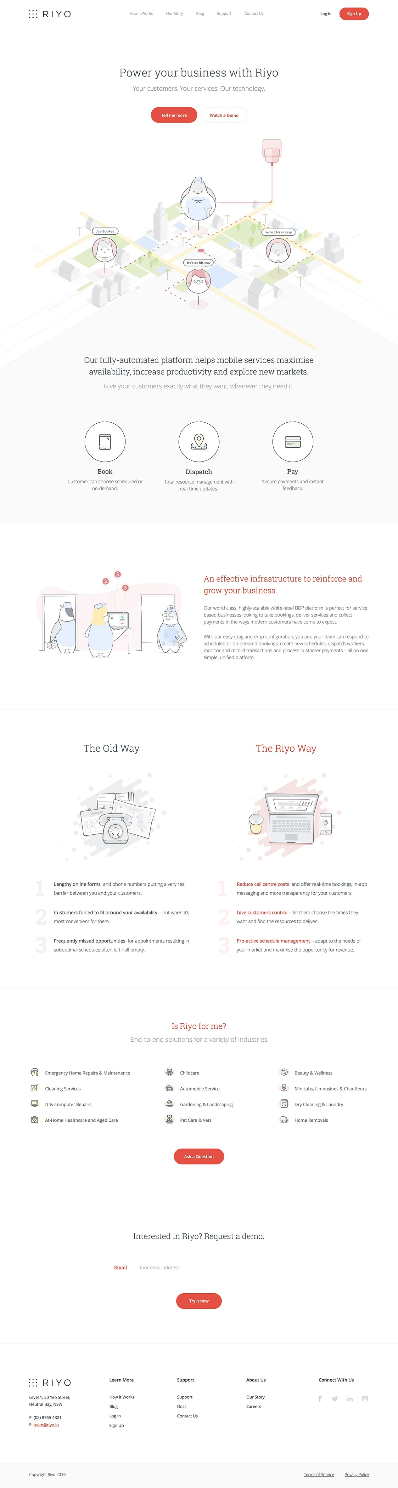 Riyo Landing Page Example: Our fully-automated platform helps mobile services maximise availability, increase productivity and explore new markets. Give your customers exactly what they want, whenever they need it.