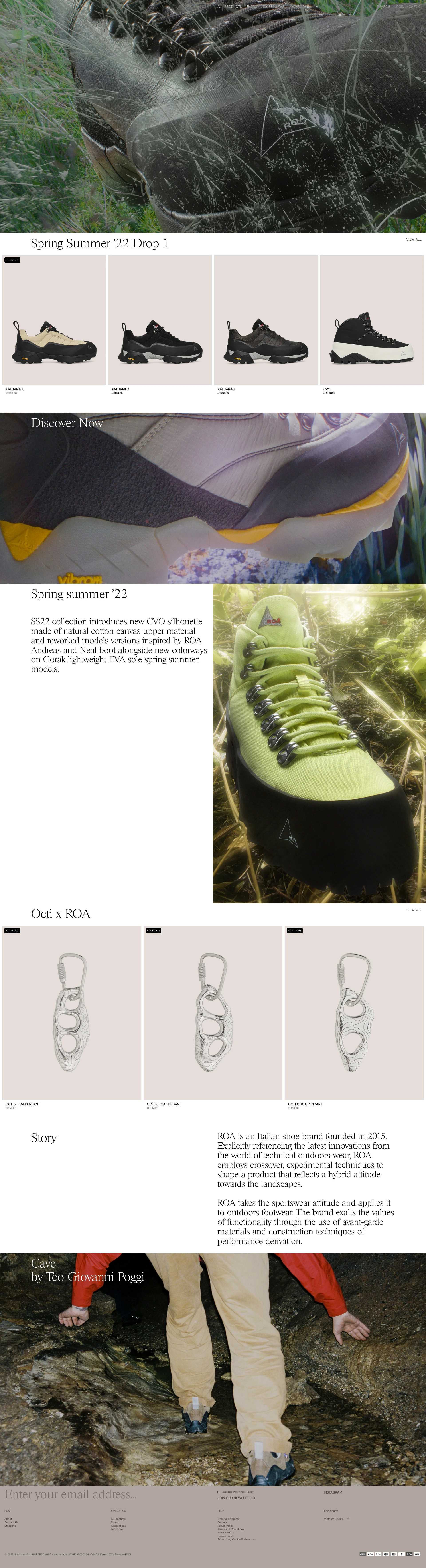 ROA Landing Page Example: Explicitly referencing the latest innovations from technical outdoors-wear, ROA employs crossover to shape a product that reflects a hybrid attitude towards the landscape