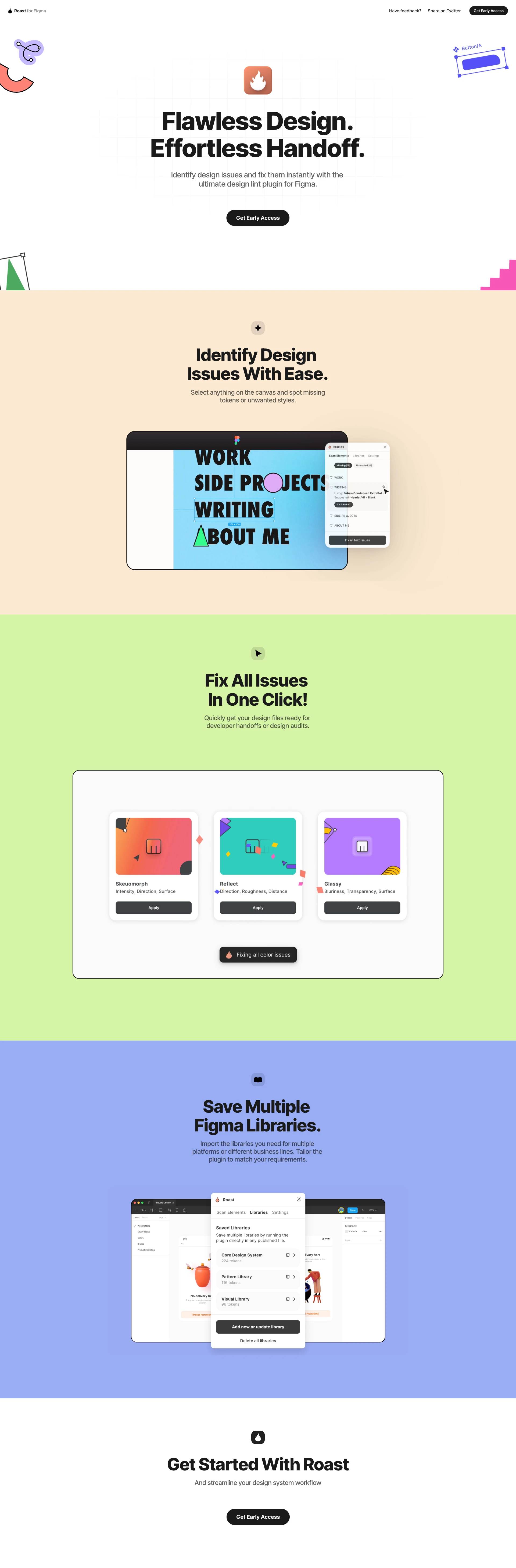 Roast Plugin Landing Page Example: Flawless Design. Effortless Handoff. Identify design issues and fix them instantly with the ultimate design lint plugin for Figma.