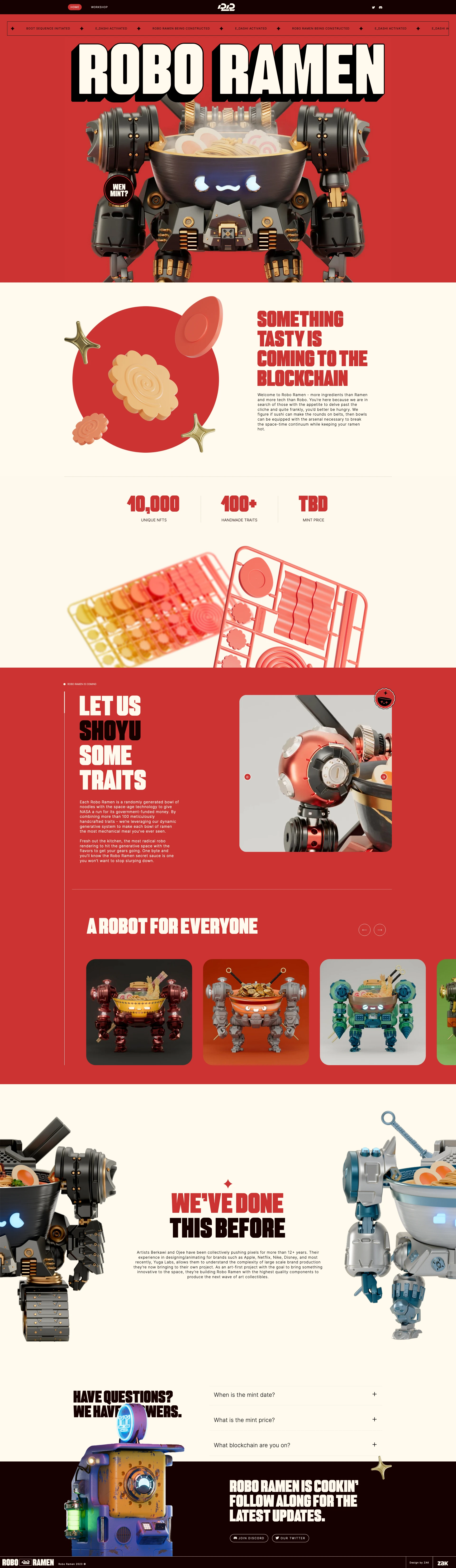 Robo Ramen Landing Page Example: Randomly generated digital collectibles of Robo Ramen served on the blockchain.