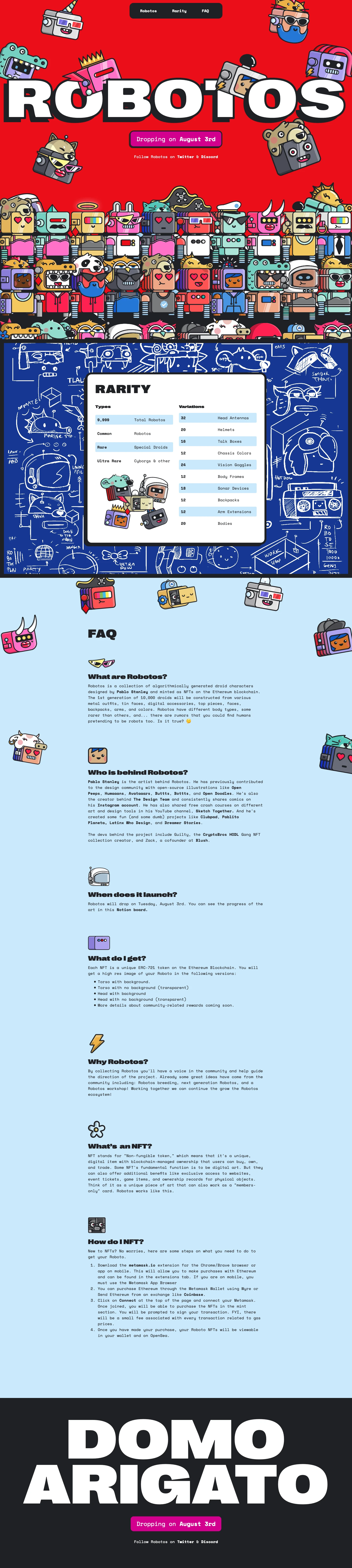 Robotos Landing Page Example: A collection of droid characters designed by Pablo Stanley as programmatically generated NFTs on the Ethereum blockchain.