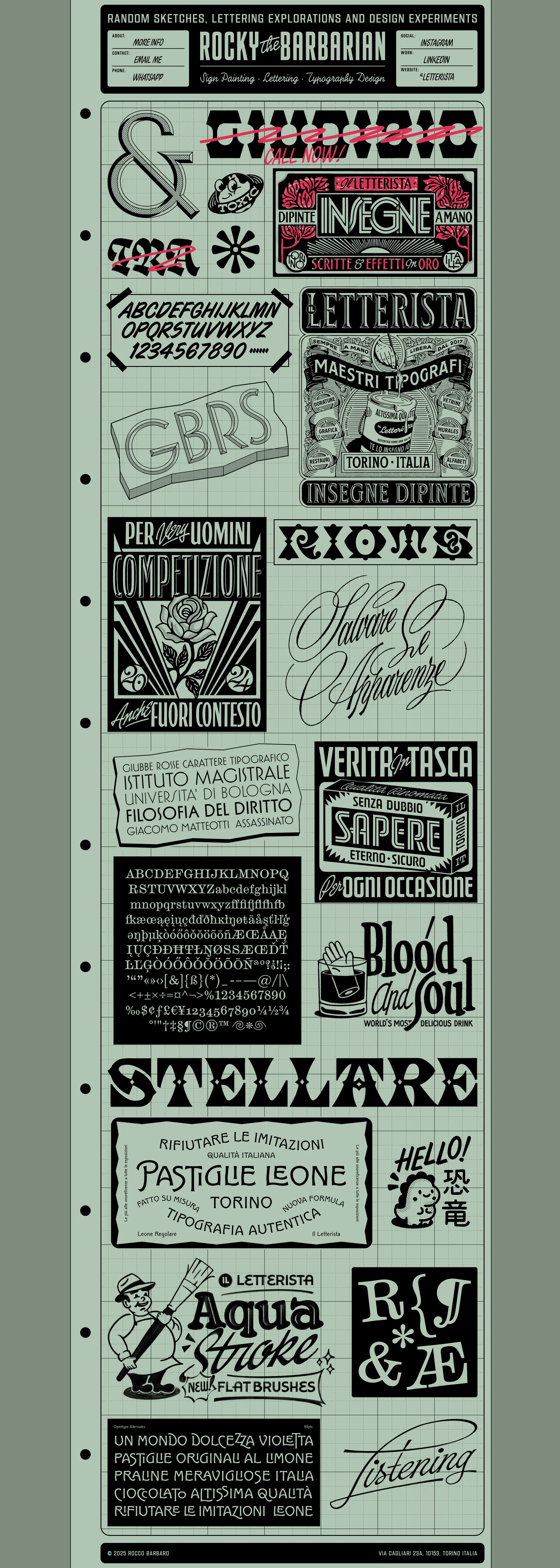 Rocco Barbaro Landing Page Example: Rocky the Barbarian owns and runs Il Letterista Sign Shop in Torino, Italy. Specializing in sign painting, lettering, typography design, and custom fonts, this site showcases his work blending traditional craftsmanship with a modern touch.