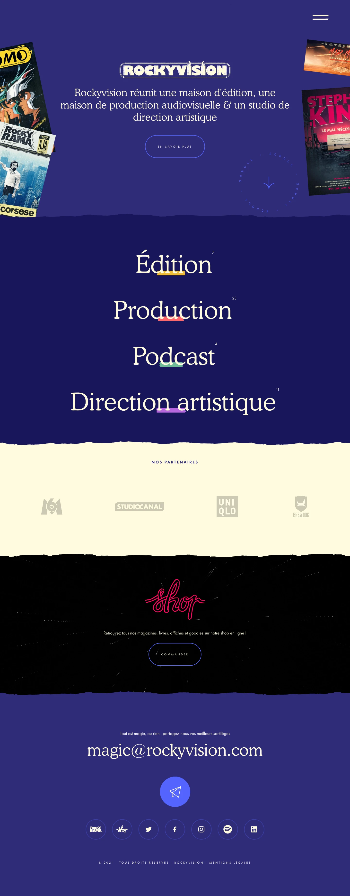 Rockyvision Landing Page Example: Rockyvision brings together a publishing house, an audiovisual production house & an artistic direction studio.