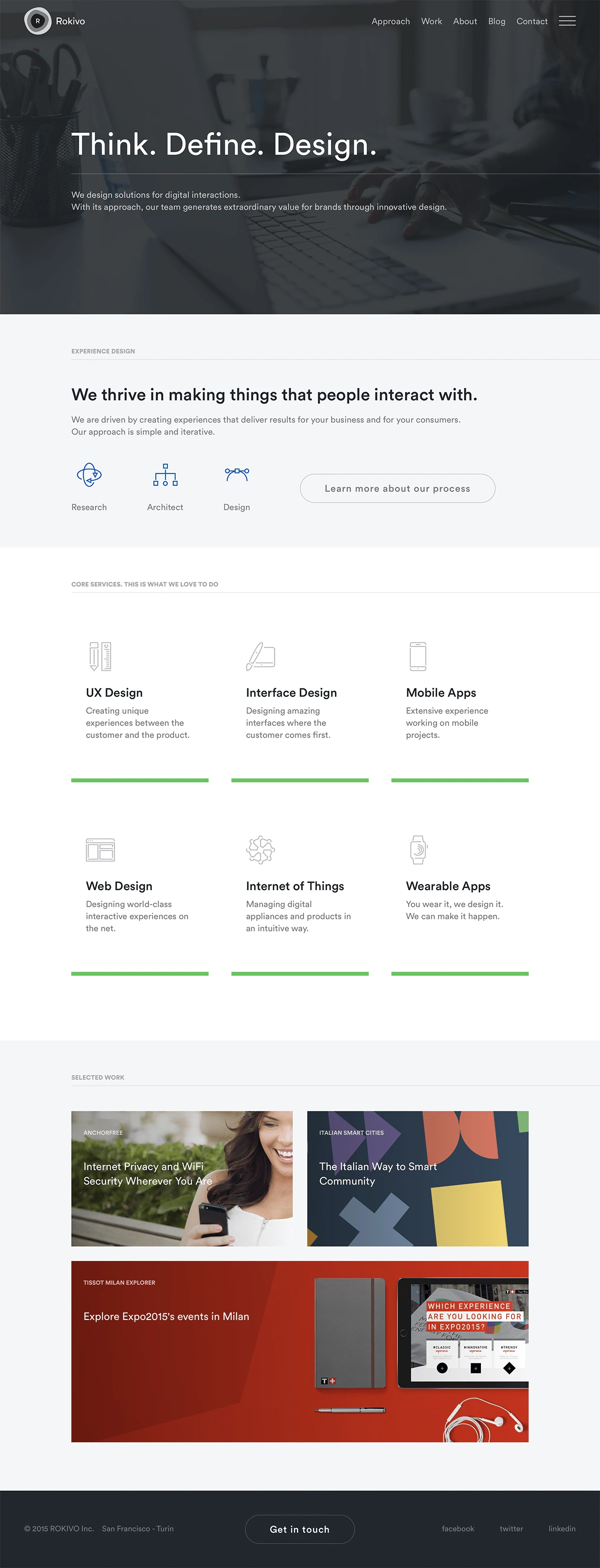 Rokivo Landing Page Example: We design solutions for digital interactions. With its approach, our team generates extraordinary value for brands through innovative design.