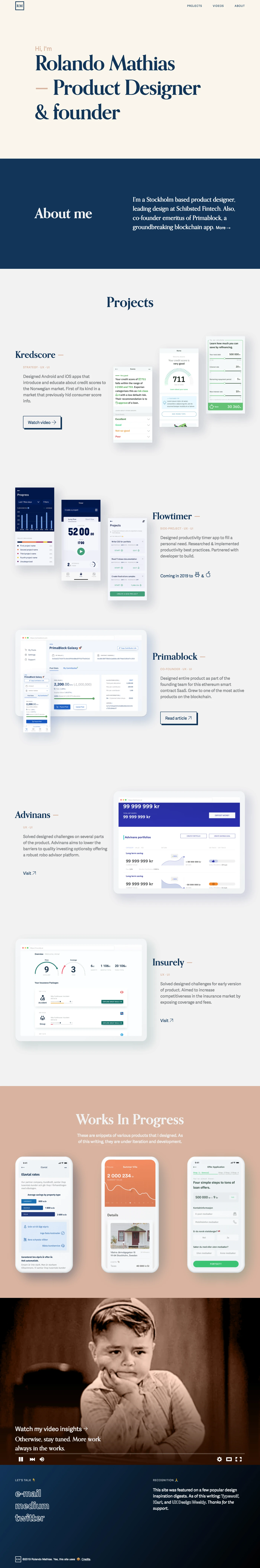 Rolando Mathias Landing Page Example: A Product Designer crafting useful, usable, and beautiful digital solutions through design, production CSS, and presentational Javascript.